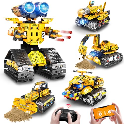 HOGOKIDS 5 IN 1 Technik Ferngesteuert Roboter Bauspielzeug Set - 496 Stück RC Bagger Bulldozer mit App & Fernsteuerung, Technic Auto Racer Spielzeug für 6 7 8 9 10+ Jahren alte Kinder Jungen Mädchen von HOGOKIDS
