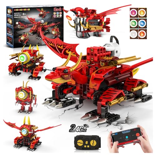 HOGOKIDS 5-in-1-Drachenroboter-Bauspielzeug mit 6 Lichtfarben und 5 Lichteffekten – 354PCS Roboter-Spielzeugset mit Fernbedienung und App-Steuerung für Kinder, Geschenke für Jungen Mädchen ab 8 Jahren von HOGOKIDS