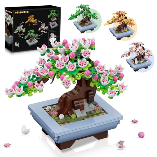 HOGOKIDS Blumen Bonsai Baum Bauset - 4 Jahreszeiten Sakura Bausteine 584 Stück, Pflanzen Kollektion Deko Bausatz, Geburtstagsgeschenk für Mutter Erwachsene Mädchen Jungs im Alter von 6-12+ von HOGOKIDS