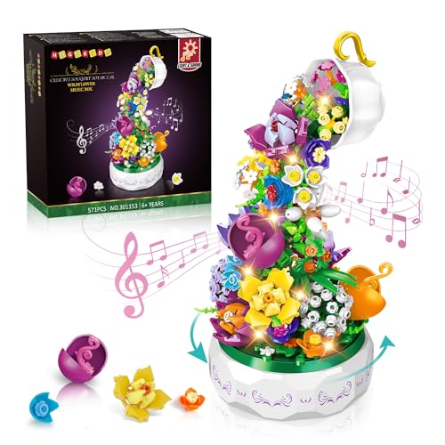 HOGOKIDS Blumen Musik Bauspielzeug mit LED Licht - Kreativer Blumenstrauß Botanische Rotierende Spieluhr Bausteine | DIY Künstliche Geschenk für Erwachsene Kinder ab 6 Jahren (571 Teile) von HOGOKIDS