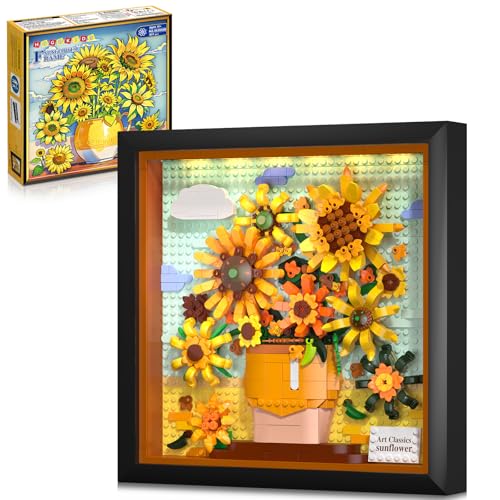 HOGOKIDS Blumen Sonnenblumen Bausatz mit Lichtern – Vincent Van Gogh-Gemälderahmen Kunstwerk Mini-Bausteine-Spielzeug für Heimdekoration Wandkunst Weihnachten für Erwachsene Teenager(807 Teile) von HOGOKIDS