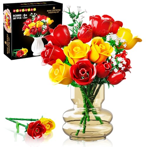 HOGOKIDS Blumenstrauß-Bausatz mit Lichtern - 16 Rosenstrauß botanische Bausteine künstliche Rot Rosen Blumen für Heimdekoration Muttertag Geburtstagsgeschenke für Mädchen Erwachsene - 387 Teile (GELB) von HOGOKIDS