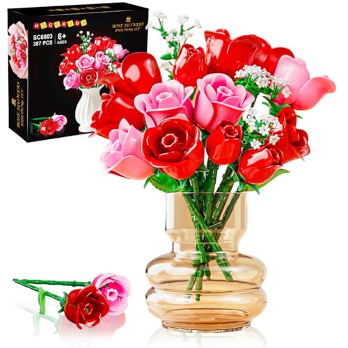 HOGOKIDS Blumenstrauß-Bausatz mit Lichtern - 16 Rosenstrauß botanische Bausteine künstliche gelb-rosa Rosen Blumen für Heimdekoration Geburtstagsgeschenke für Mädchen Erwachsene - 367 Teile (ROSA) von HOGOKIDS