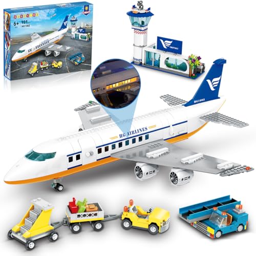 HOGOKIDS City Passagierflugzeug Bausteine Spielzeug mit LED Licht, 901 pcs Flugzeug Bausteine mit Flughafen Terminal, Radarturm, Anhänger, Space Spielzeug für Jungen Mädchen 6 7 8 9 Jahre Erwachsene von HOGOKIDS