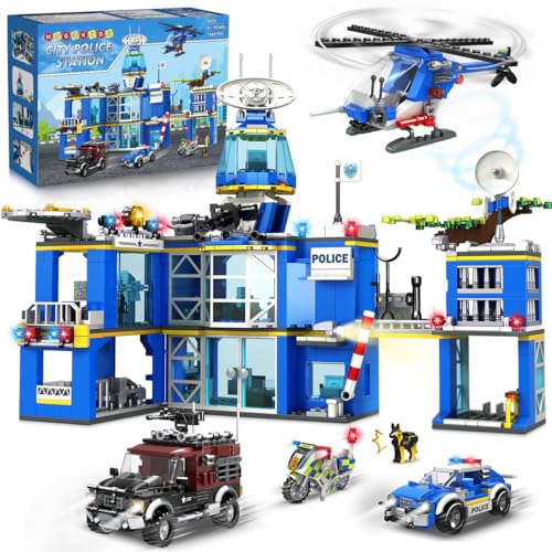 HOGOKIDS City Polizeistation Bauspielzeugset mit Hubschrauber Motorrad Polizeiauto Banditen Auto - 1260 Stück Polizei Bausteine Spielzeug, STEM Geschenk für Kinder Jungen Mädchen Alter 8 9 10 11 12+ von HOGOKIDS