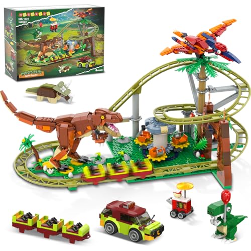 HOGOKIDS Dinosaurier-Achterbahn-Bauspielzeug-Set – Achterbahn-Bauspielzeug mit Vier Dinos, Auto, Achterbahn-Abenteuerpark für Erwachsene, Jungen und Mädchen im Alter von 6–12 Jahren von HOGOKIDS