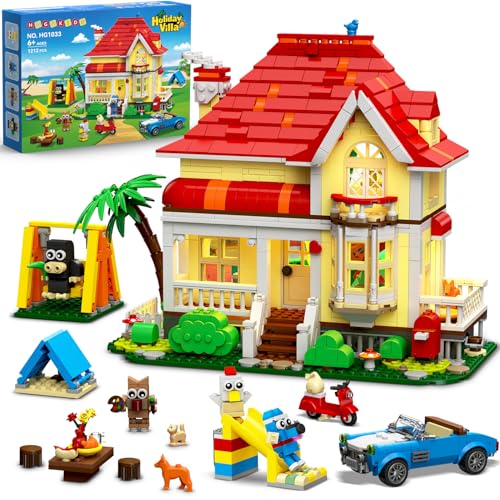 HOGOKIDS Friends Haus Bauspielzeug mit LED Licht - 1212 Teile City Villa Bausteine Spielzeug mit 4 Tieren & Auto Rutsche Schaukel, Geburtstag Geschenk für Mädchen Jungen Kinder ab 6 7 8 9 10 11+ Jahre von HOGOKIDS