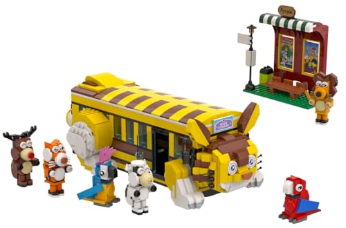 HOGOKIDS Katzen-Schulbus-Bausatz mit Licht – 1268-teiliges Stadtbus-Abenteuer-Bauspielzeug mit 6 Tieren und Bahnhof, kreatives süßes Löwen-Papageien-Tiger-Baustein-Spielset als Geschenk für Kinder 6+ von HOGOKIDS