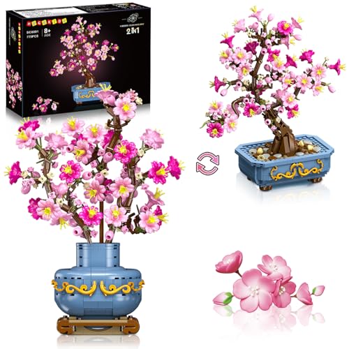 HOGOKIDS Kirschblüten-Bausätze – 2-in-1-Bonsai-Baumpflanzen-Bauspielzeug für die Inneneinrichtung, künstliche botanische Kirschblüten-Topfblöcke, kreative Geschenke für Erwachsene Mädchen (775 Teile) von HOGOKIDS