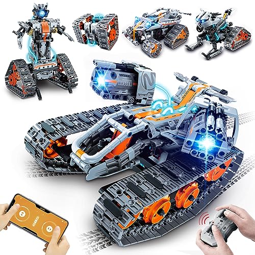 HOGOKIDS Technik Ferngesteuert Bauspielzeug mit LED Licht - 5 in 1 RC Roboter Tracked Racer mit App & Fernsteuerung, 604 Stück Technic Panzer Auto Spielzeug für 6-12+ Jahre alte Kinder Jungen Mädchen von HOGOKIDS