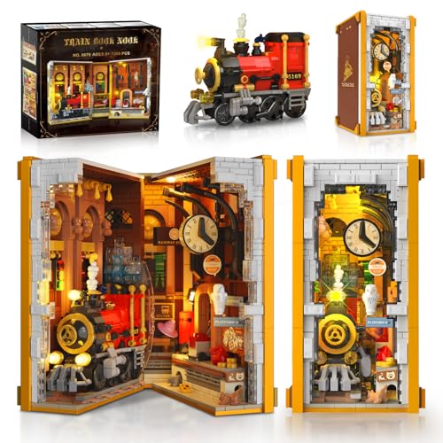 HOGOKIDS Magischer Bahnhof Book Nook Bauspielzeug Set mit LED, 1300 Pcs Buchstützen-Bausteinsatz für Bücherregal, Heimdekoration, DIY Booknook Geschenke für Erwachsene, Jungen Mädchen ab 8 Jahren von HOGOKIDS