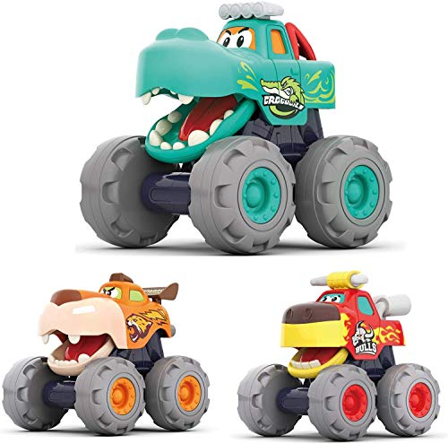 HOLA Baby Spielzeug 1 2 3 Jahre Junge, 3 Stück Monstertruck Reibungsbetriebene Rennwagen LKW Zurückziehen Push and Go Trägheit Fahrzeug , Geschenk von HOLA