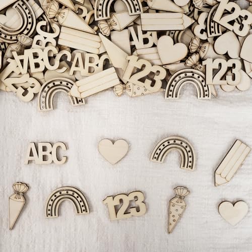 HOLDLEAF 125 Stück Streudeko Einschulung Holz 2025, Deko Schulanfang ABC, 123, Regenbogen, Herz & Bleistift – Tischdeko Einschulung für Schulkind Feier von HOLDLEAF