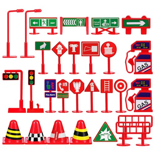 HOLIDYOYO 28 Stück Mini-Verkehrsschilder Straßenband Straßenschilder Mini-Kegel Ampellampe Straßenschild Spielzeug Hauszubehör Für Spielende Kinder von HOLIDYOYO