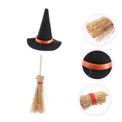 HOLIDYOYO 8 Stück Teiliges Mini Hexenhut und Besen aus Filz Großer Schwarzer Hexenhut und Roter Mini Besen Puppenhaus Deko für Halloween Handliche Miniatur Hexenhüte und Kleine Stubenbesen von HOLIDYOYO