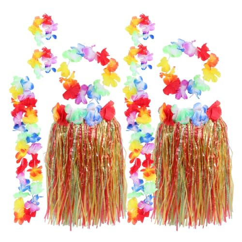 HOLIDYOYO Hawaiianisches Gras-Hula-Rock-Kostüm 2Er-Set 2 Elastische Tropische Luau-Hula-Rock 2 Hawaiianische Leis-Halskette 4 Blumen-Stirnband-Armband Für Sommerferien-Partyzubehör von HOLIDYOYO