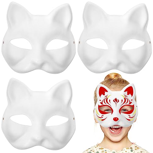 HOLIDYOYO Katzenmaske Therian-Masken 3 Stück Weiße Katzenmasken Blanko Kunsthandwerk Diy Halloween-Maske Tierhalbgesichtsmasken Maskerade Cosplay-Party von HOLIDYOYO