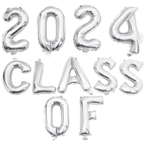 HOLIDYOYO Silberne Luftballons Der Klasse 2024 Banner-Set Luftballons Für Die Abschlussfeier 2024 Große Zahlenballons Aus Aluminiumfolie Glückwunsch Absolventen-Partyzubehör von HOLIDYOYO