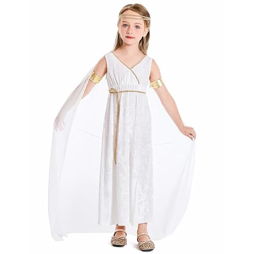 HOLLEWA Griechisches Kostüm für Kinder, griechische Göttin, Kleid, Mädchen, Toga-Kostüm, griechisches Athena-Kleid, Weiß, Größe S von HOLLEWA