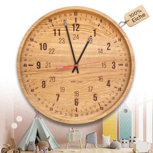 HOLZDING® Hochwertige Eichenholz Kinderuhr, Lern-Uhr - Leises Uhrwerk, Große Zahlen, Beschriftete Zeiger, Stilvolle Designuhr, Maße 35 x 35 x 3,8 cm von HOLZDING