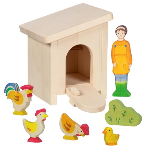 HOLZTIGER 6557 – Kleiner Stall mit Hühnern aus Holz – liebevoll gestaltetes Spielset mit Bäuerin, Tieren, Stall und Busch von HOLZTIGER