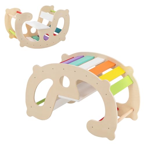 HOMASIS 2 in 1 Montessori Kletterbogen Indoor, Schaukelpferdbogen mit Rückenlehne & Sitz, Klettergerüst aus Holz, Bogenwippe Holzwippe für Kinder ab 1 Jahr, Kletterspielzeug Spielplatz Bunt von HOMASIS