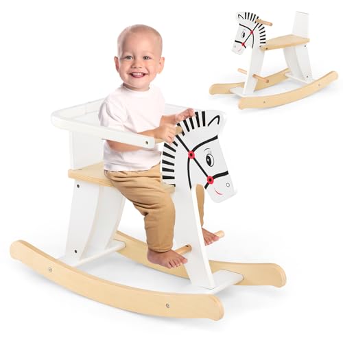 HOMASIS 2 in 1 Schaukelpferd Zebra, Baby Schaukelstuhl aus Holz, Weiß Schaukeltier mit Abnehmbarem Zaun & Griffe & Fußstütze, Schaukelwippe Tragkraft 40 kg, Schaukelspielzeug für Kinder ab 3 Jahren HOMASIS 2 in 1 Schaukelpferd Zebra, Baby Schaukelstuhl aus Holz, Weiß Schaukeltier mit Abnehmbarem Zaun & Griffe & Fußstütze, Schaukelwippe Tragkraft 40 kg, Schaukelspielzeug für Kinder ab 3 Jahren von HOMASIS