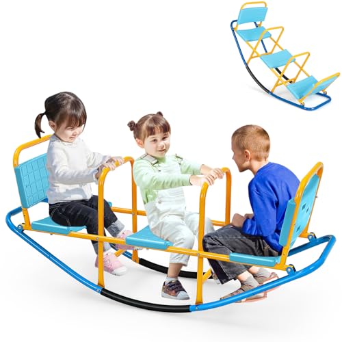 HOMASIS 3-Sitzer Kinder Wippe Outdoor, Schaukelwippe mit Griffen & Rückenlehnen, Metall Gartenwippe bis 90 kg belastbar, Teeter Totters für Innen & draußen, Karusselwippe für Kinder 3-8 Jahren (Blau) HOMASIS 3-Sitzer Kinder Wippe Outdoor, Schaukelwippe mit Griffen & Rückenlehnen, Metall Gartenwippe bis 90 kg belastbar, Teeter Totters für Innen & draußen, Karusselwippe für Kinder 3-8 Jahren (Blau) von HOMASIS