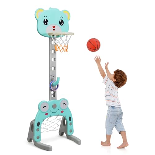 HOMASIS 3 in 1 Kinder Basketballkorb Set, multifunktional Basketballständer mit Fußballtor & Ringwurf im Tierform, höhenverstellbar Basketballkorb mit Ständer inkl. Bälle & Ringe (Blau) von HOMASIS