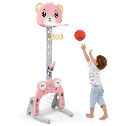 HOMASIS 3 in 1 Kinder Basketballkorb Set, multifunktional Basketballständer mit Fußballtor & Ringwurf im Tierform, höhenverstellbar Basketballkorb mit Ständer inkl. Bälle & Ringe (Rosa) von HOMASIS
