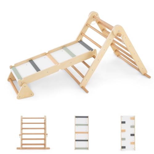 HOMASIS 3 in 1 Kletterdreieck mit Kletterleiter & Wippe, Holz Klettergerüst Indoor mit doppelseitiger Rampe, klappbarer Spielplatz zum Klettern Wippen, Sprossendreieck für Kinder ab 3 Jahren, Natur von HOMASIS