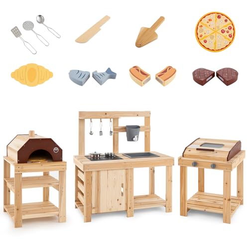 HOMASIS 3 in 1 Küche Spielzeug für Kinder aus Holz, Grill- und Pizzaofenspiel, Lernspielzeug mit Küchenutensilien, Nahrung und Wassertank für Kinder ab 3 Jahren von HOMASIS