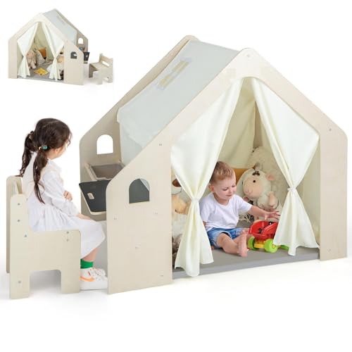 HOMASIS 6 in 1 Kinderzelt Indoor, Spielzelt mit Kindertisch & Stuhl, Kinder Spielhaus mit Matte & Tafel & Aufbewahrungsbox & Kreidebox, Kinderspielhaus aus Holz für Kinder ab 2 Jahren (Mit 1 Box) HOMASIS 6 in 1 Kinderzelt Indoor, Spielzelt mit Kindertisch & Stuhl, Kinder Spielhaus mit Matte & Tafel & Aufbewahrungsbox & Kreidebox, Kinderspielhaus aus Holz für Kinder ab 2 Jahren (Mit 1 Box) von HOMASIS