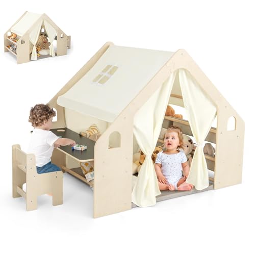 HOMASIS 6 in 1 Kinderzelt Indoor, Spielzelt mit Kindertisch & Stuhl, Kinder Spielhaus mit Matte & Tafel & Aufbewahrungsbox & Kreidebox, Kinderspielhaus aus Holz für Kinder ab 2 Jahren (Mit 6 Boxen) von HOMASIS