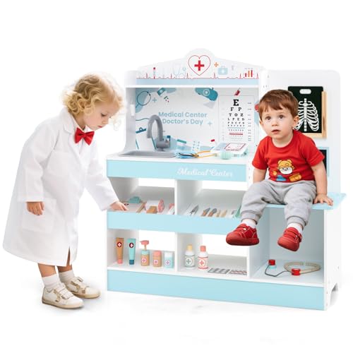HOMASIS Arzt-Set aus Holz, Arzt-Set für Kinder mit Waschbecken, Sichtprüfung, Elektrokardiogramm, Uhr und Röntgenaufnahme, Krankenschwester-Spiel für Kinder ab 3 Jahren (Blau) von HOMASIS