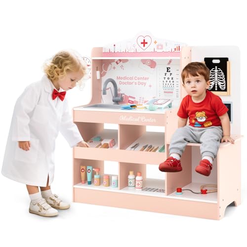 HOMASIS Arzt-Set aus Holz, Arzt-Set für Kinder mit Waschbecken, Sichtprüfung, Elektrokardiogramm, Uhr und Röntgenaufnahme, Krankenschwester-Spiel für Kinder ab 3 Jahren (Rosa) von HOMASIS