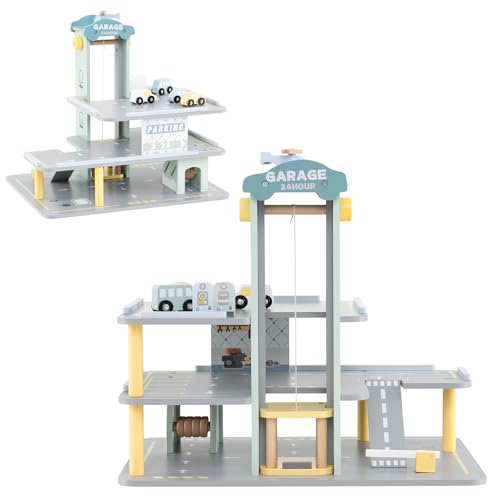 HOMASIS Garagenset mit 3 Etagen, Parkplatz aus Holz mit 4 Autos, Hubschrauberlandeplatz, Tankstelle, Aufzug, Autowäsche, Spielzeuggarage für Kinder ab 3 Jahren, 50 x 40 x 47 cm, Grau HOMASIS Garagenset mit 3 Etagen, Parkplatz aus Holz mit 4 Autos, Hubschrauberlandeplatz, Tankstelle, Aufzug, Autowäsche, Spielzeuggarage für Kinder ab 3 Jahren, 50 x 40 x 47 cm, Grau von HOMASIS