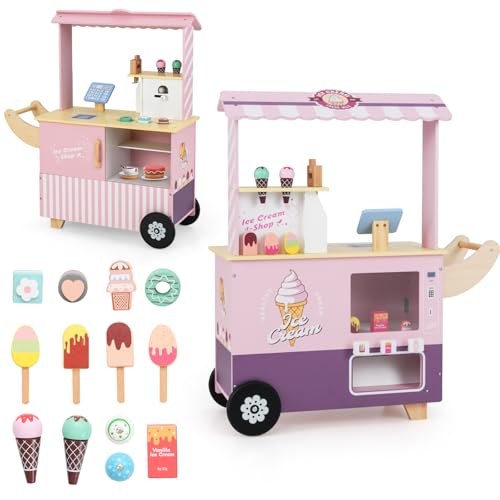 HOMASIS Kinder Eiswagen Holz mit 15 Zubehör, Kaufladen mit 6 Spielzeug-Eiscreme, Eismaschine, Verkaufsautomat, Kasse, Scanner, Eisdiele mit Rädern & Vordach, Verkaufsstand für Kinder ab 3 Jahre (Rosa) HOMASIS Kinder Eiswagen Holz mit 15 Zubehör, Kaufladen mit 6 Spielzeug-Eiscreme, Eismaschine, Verkaufsautomat, Kasse, Scanner, Eisdiele mit Rädern & Vordach, Verkaufsstand für Kinder ab 3 Jahre (Rosa) von HOMASIS
