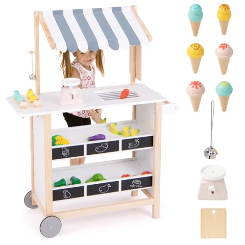 HOMASIS Kinder Eiswagen inkl. Zubehör, Kaufladen mit 6 Spielzeug-Eiscreme, Eisdiele mit beweglichen Rädern & Vordach, Einkaufswagen aus Holz, Puppenhaus Spieleset für Kinder ab 3 Jahre (Grau) von HOMASIS