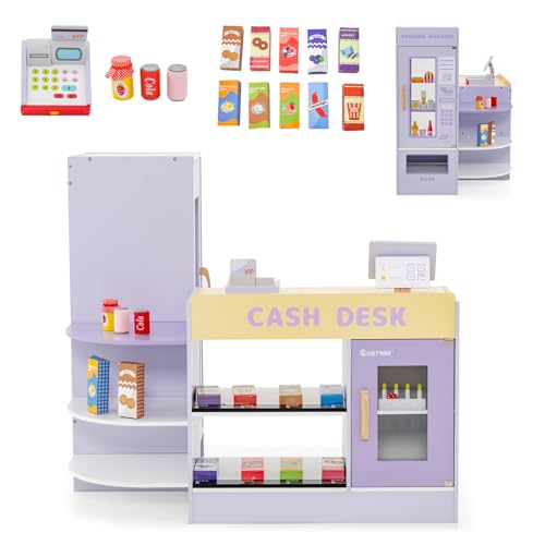 HOMASIS Kinder Kaufladen, Kaufmannsladen Holz mit 15 Zubehör, Verkaufsstand mit Seitentheke, Supermarkt-Set mit Kasse, POS & Verkaufsautomat, Einkaufsladen für Kinder von 3 bis 8 Jahren (Lila) von HOMASIS