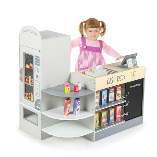HOMASIS Kinder Kaufladen, Kaufmannsladen Holz mit 15 Zubehör & Tafel, Verkaufsstand mit Seitentheke, Supermarkt-Set mit Kasse, POS & Verkaufsautomat, Einkaufsladen für Kinder von 3 bis 8 Jahren (Grau) HOMASIS Kinder Kaufladen, Kaufmannsladen Holz mit 15 Zubehör & Tafel, Verkaufsstand mit Seitentheke, Supermarkt-Set mit Kasse, POS & Verkaufsautomat, Einkaufsladen für Kinder von 3 bis 8 Jahren (Grau) von HOMASIS