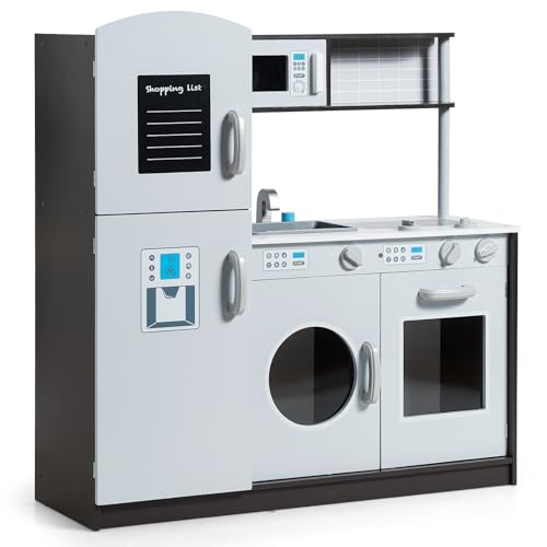 HOMASIS Kinderküche Holz, Kinder Spielküche mit Spüle, Wasserhahn, Herd mit Klickgeräuschen, Backofen, Kühlschränke & Mikrowelle, Spielzeugküche mit Tafel, Küchenspielset für Kinder ab 3 Jahre, Grau HOMASIS Kinderküche Holz, Kinder Spielküche mit Spüle, Wasserhahn, Herd mit Klickgeräuschen, Backofen, Kühlschränke & Mikrowelle, Spielzeugküche mit Tafel, Küchenspielset für Kinder ab 3 Jahre, Grau von HOMASIS