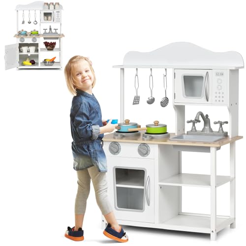 HOMASIS Kinderküche Holz, Kinder Spielküche mit Zubehör, Spielzeugküche mit Spüle Herd Backofen Mikrowelle, Holzküche Küchenspielset Miniküche für Kinder ab 3 Jahre, Weiß, 60x30x83 cm HOMASIS Kinderküche Holz, Kinder Spielküche mit Zubehör, Spielzeugküche mit Spüle Herd Backofen Mikrowelle, Holzküche Küchenspielset Miniküche für Kinder ab 3 Jahre, Weiß, 60x30x83 cm von HOMASIS