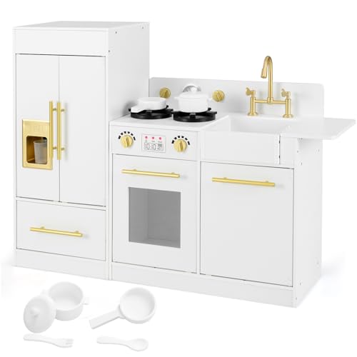 HOMASIS Kinderküche Holz, Spielküche mit Kühlschrank Herd Spüle Wasserhahn Wasserspender Eismaschine Backofen, Spielzeugküche mit 8 Zubehör, Holzküche für Kinder ab 3 Jahre von HOMASIS