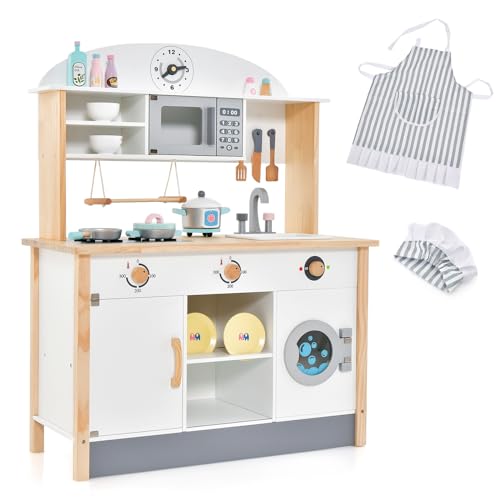 HOMASIS Kinderküche inkl. 17-teiligem Zubehör, Spielküche Holz, Spielzeugküche mit Backofen Mikrowellen Wasserbecken & Waschmaschine, Holzküche Kinderspielküche Küchespielzeug-Set für ab 3 Jahren HOMASIS Kinderküche inkl. 17-teiligem Zubehör, Spielküche Holz, Spielzeugküche mit Backofen Mikrowellen Wasserbecken & Waschmaschine, Holzküche Kinderspielküche Küchespielzeug-Set für ab 3 Jahren von HOMASIS