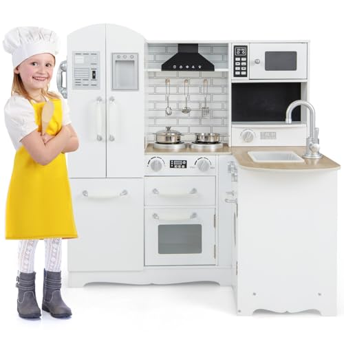HOMASIS Kinderküche mit Licht & Sound, Küchenset mit Waschbecken Herd Backofen Kühlschrank, Spielzeugküche inkl. Topf & 3 Kochgeschirr, Kinder Spielküche Eckküche Holz für Kinder ab 3 Jahre (Luxus) HOMASIS Kinderküche mit Licht & Sound, Küchenset mit Waschbecken Herd Backofen Kühlschrank, Spielzeugküche inkl. Topf & 3 Kochgeschirr, Kinder Spielküche Eckküche Holz für Kinder ab 3 Jahre (Luxus) von HOMASIS