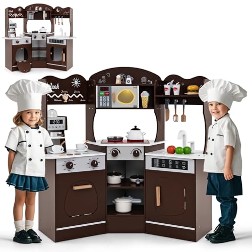 HOMASIS Kinderküche mit Licht & Sound, Spielküche mit 16 Spielzubehör, Küchenset mit Kaffeemaschine Spüle Mikrowelle Ofen Waschmaschine, Spielzeugküche Holz, Eckküche für Kinder ab 3 Jahren (Braun) HOMASIS Kinderküche mit Licht & Sound, Spielküche mit 16 Spielzubehör, Küchenset mit Kaffeemaschine Spüle Mikrowelle Ofen Waschmaschine, Spielzeugküche Holz, Eckküche für Kinder ab 3 Jahren (Braun) von HOMASIS