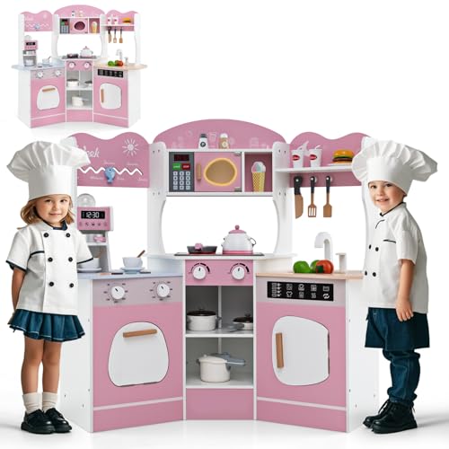 HOMASIS Kinderküche mit Licht & Sound, Spielküche mit 16 Spielzubehör, Küchenset mit Kaffeemaschine Spüle Mikrowelle Ofen Waschmaschine, Spielzeugküche Holz, Eckküche für Kinder ab 3 Jahren (Rosa) HOMASIS Kinderküche mit Licht & Sound, Spielküche mit 16 Spielzubehör, Küchenset mit Kaffeemaschine Spüle Mikrowelle Ofen Waschmaschine, Spielzeugküche Holz, Eckküche für Kinder ab 3 Jahren (Rosa) von HOMASIS