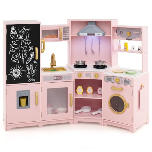 HOMASIS Kinderküche mit Licht & Sound, Spielküche mit Tafel Spüle Mikrowelle Ofen Waschmaschine Eismaschine, Spielzeugküche inkl. Zubehör, Holzküche Eckküche für Kinder ab 3 Jahren (Rosa) von HOMASIS