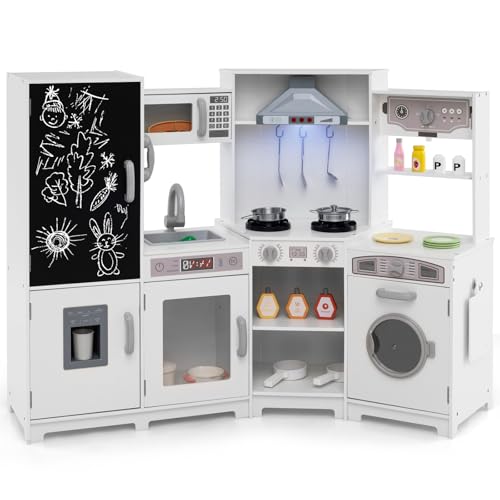 HOMASIS Kinderküche mit Licht & Sound, Spielküche mit Tafel Spüle Mikrowelle Ofen Waschmaschine Eismaschine, Spielzeugküche inkl. Zubehör, Holzküche Eckküche für Kinder ab 3 Jahren (Weiß) von HOMASIS